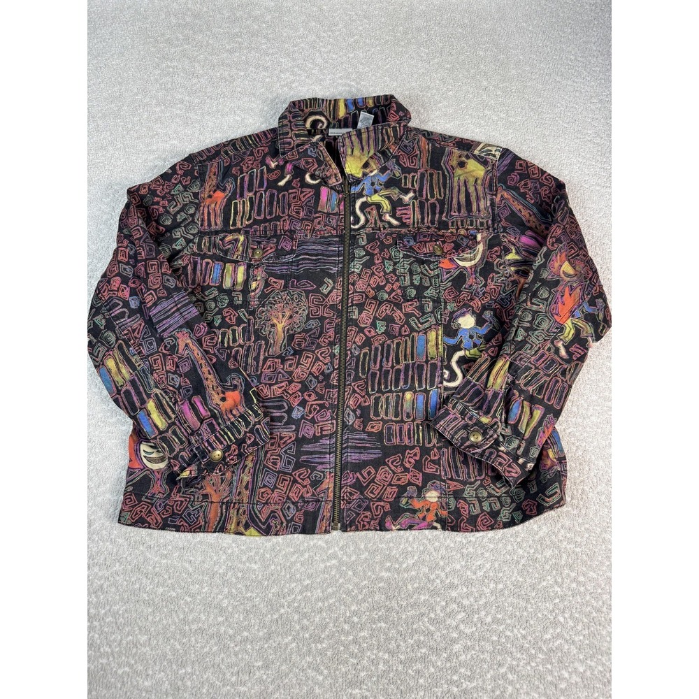 Chico's Jacket Womens 3 Multicolor Linen Blend Art Print Full Zip‎ Pockets